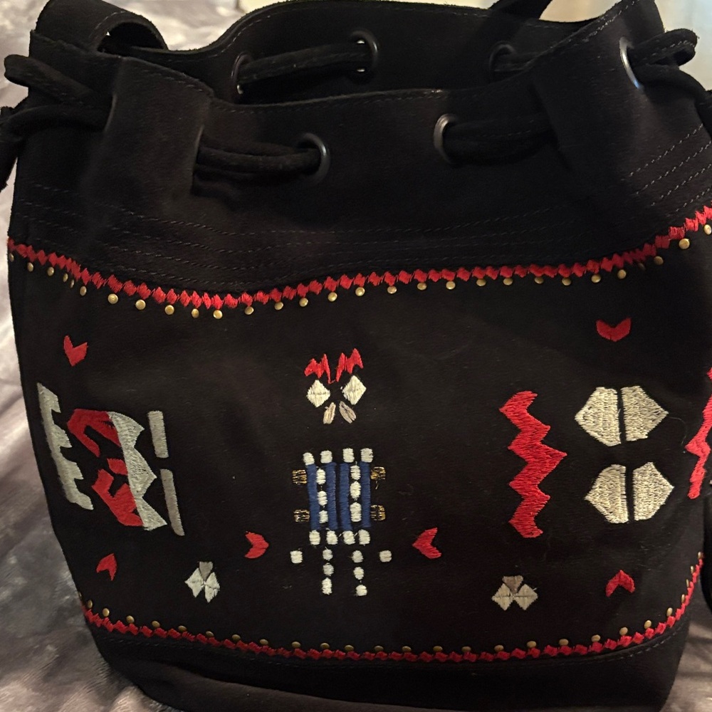 Scotch & Soda Black Embroidered Suede Shoulder Bag